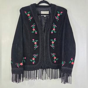 RARE VINTAGE WILSONS LEATHER MAXIMA EMBROIDERED SUEDE FRINGE BOHO JACKET.